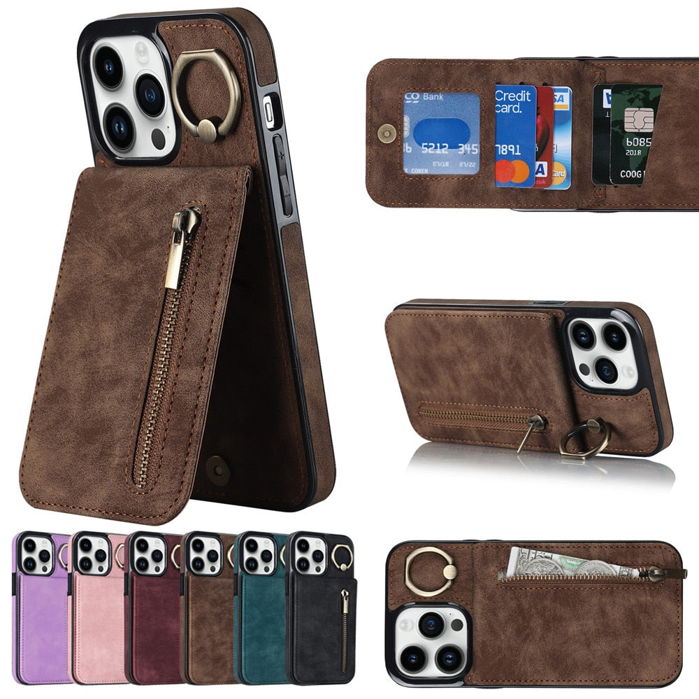 Zipper Cards Holder Leather Wallet Phone Case For iPhone - ShieldSleek