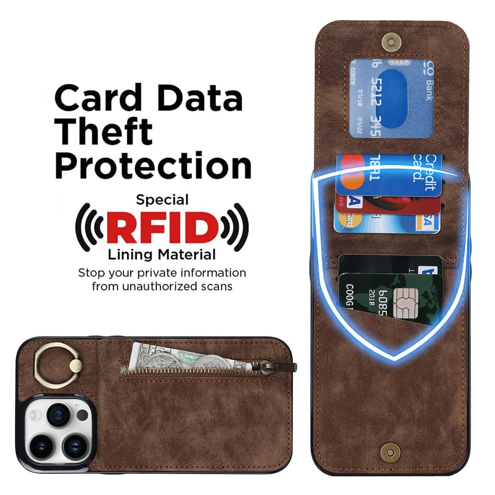 Zipper Cards Holder Leather Wallet Phone Case For iPhone - ShieldSleek