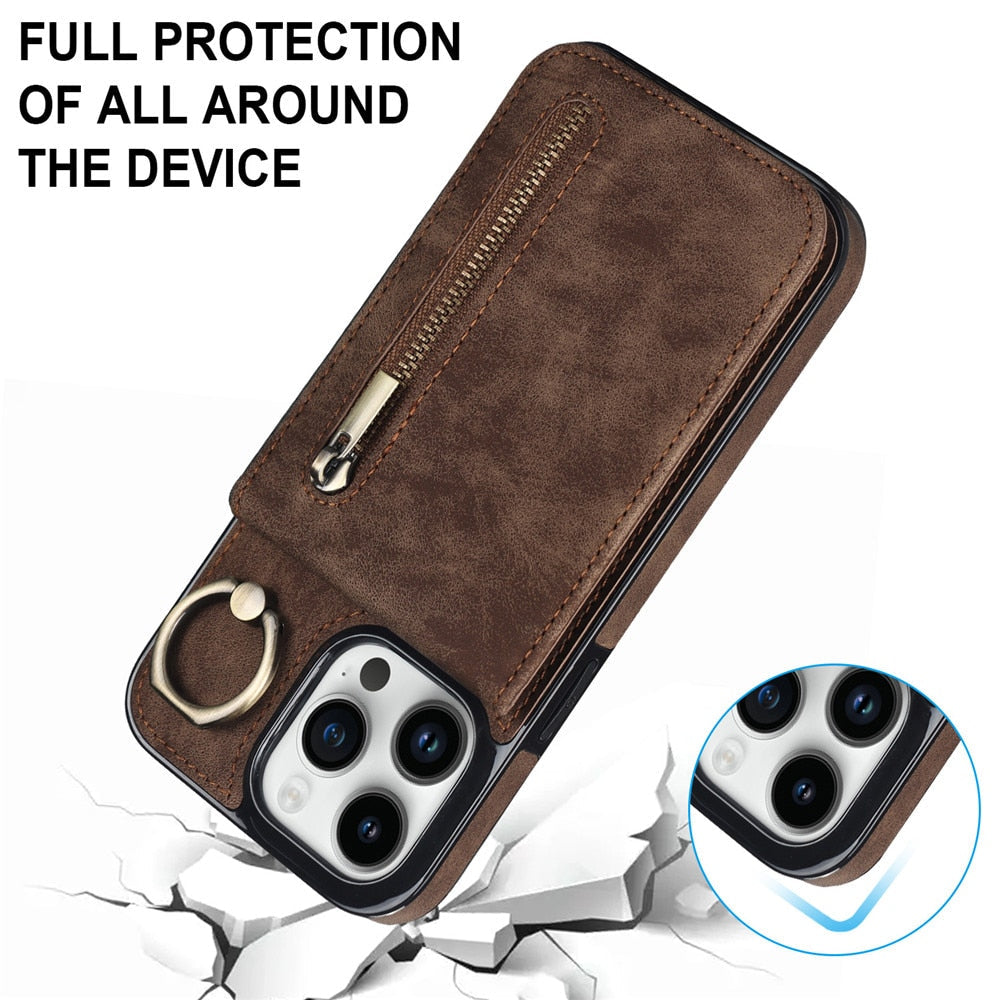 Zipper Cards Holder Leather Wallet Phone Case For iPhone - ShieldSleek