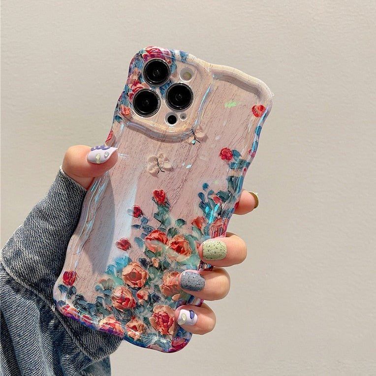 iPhone 14 Pro Max Fashion Laser Blue Light Flowers Phone Case - ShieldSleek